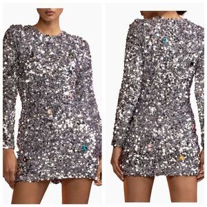 Cynthia Rowley Womens Sequin & Rhinestone Embellished Mini Dress Silver Sz 4